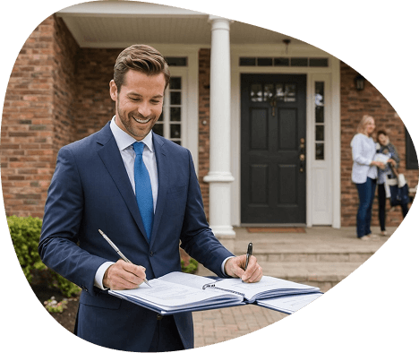 Un homme en costume et cravate signe des documents devant une maison.